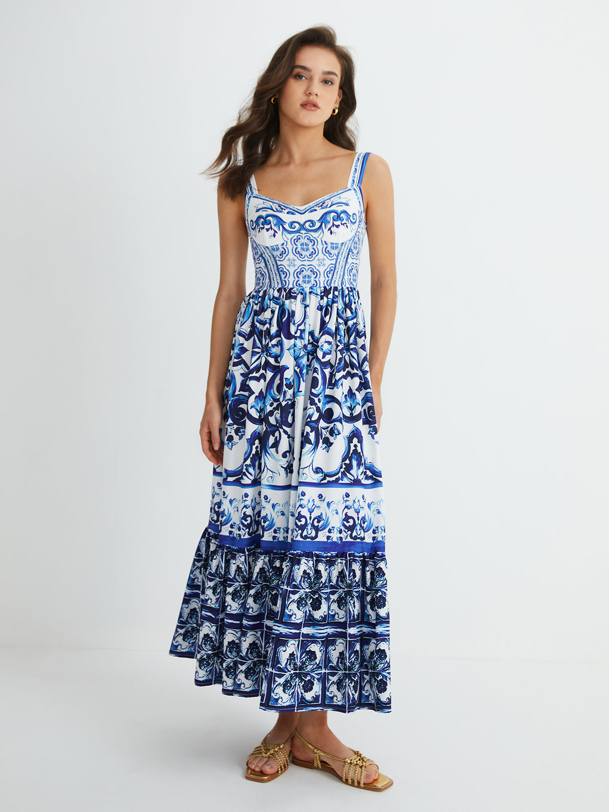 Vestido Longo Plissado com Alças Estampado - Riviera Blue