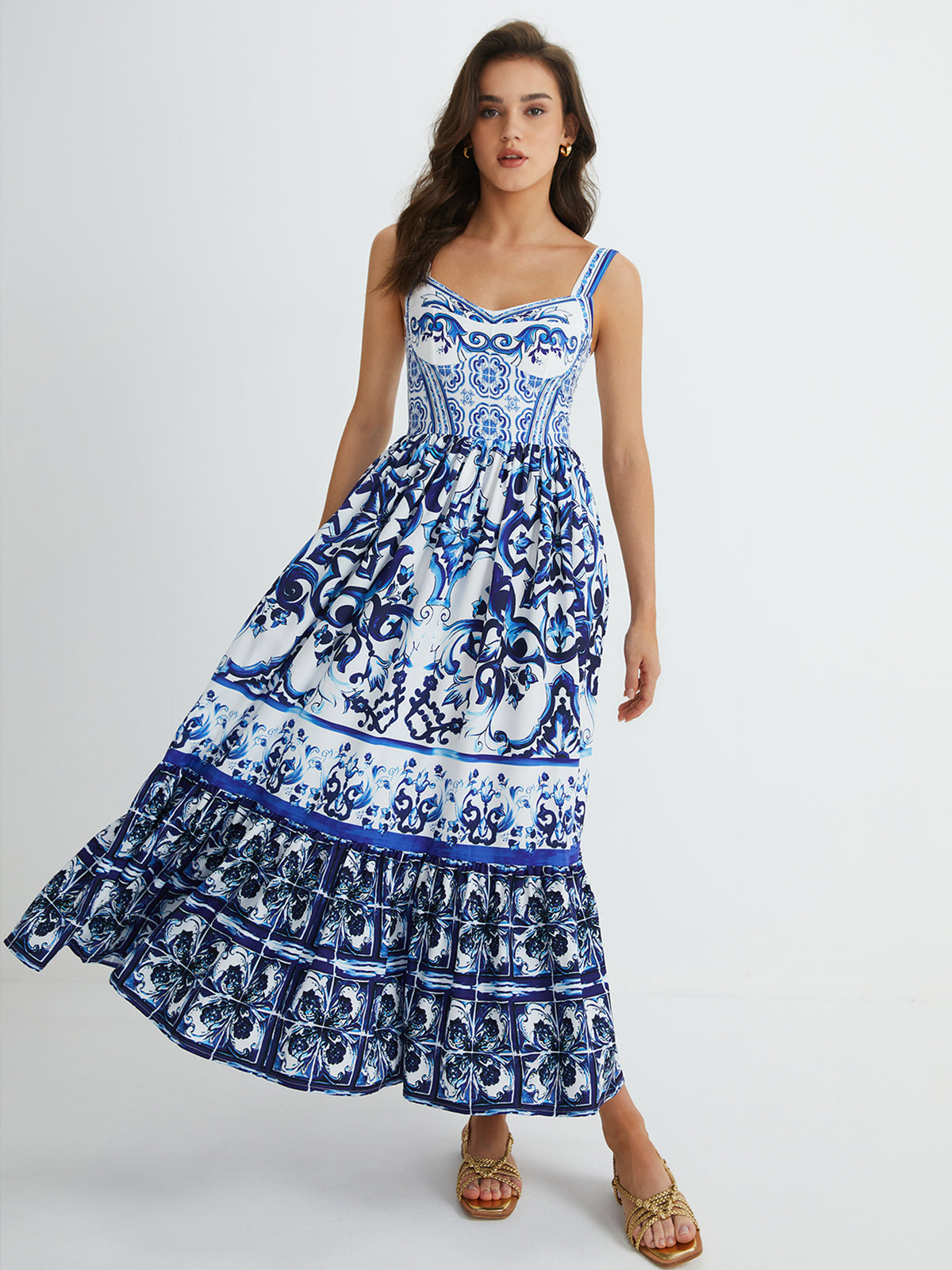 Vestido Longo Plissado com Alças Estampado - Riviera Blue