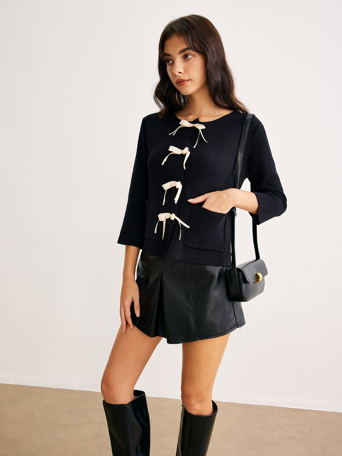 Cardigan de Malha com Bolsos e Laços