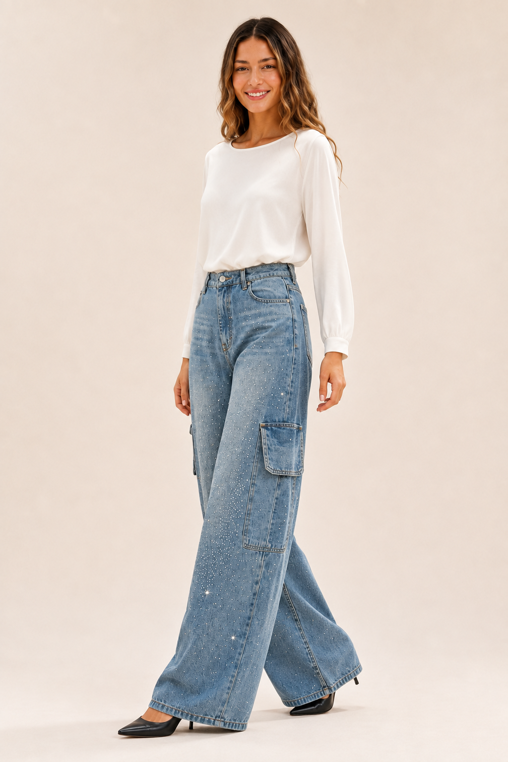 Calça Jeans Wide Leg Carpenter com Brilho - Bruges