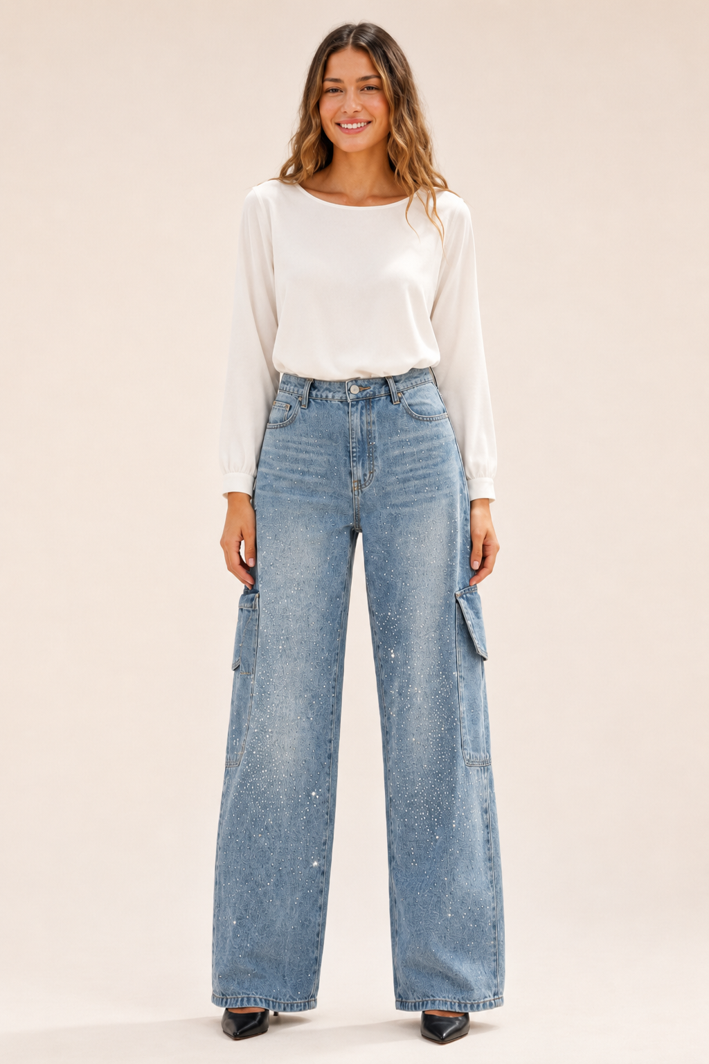 Calça Jeans Wide Leg Carpenter com Brilho - Bruges
