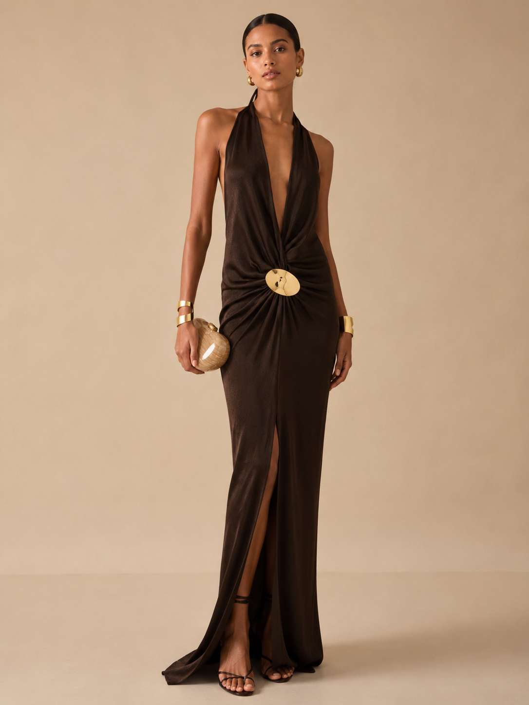 Vestido Feminino Longo Frente Única com Fenda e Fivela Dourada – Milão
