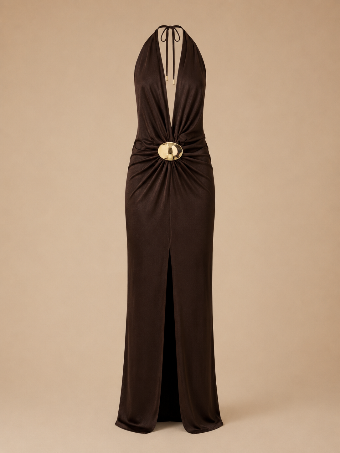 Vestido Feminino Longo Frente Única com Fenda e Fivela Dourada – Milão