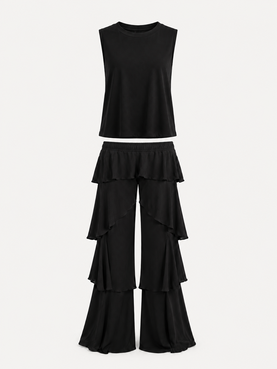 Conjunto Feminino Cropped e Calça Pantalona com Babados em Camadas – Noir