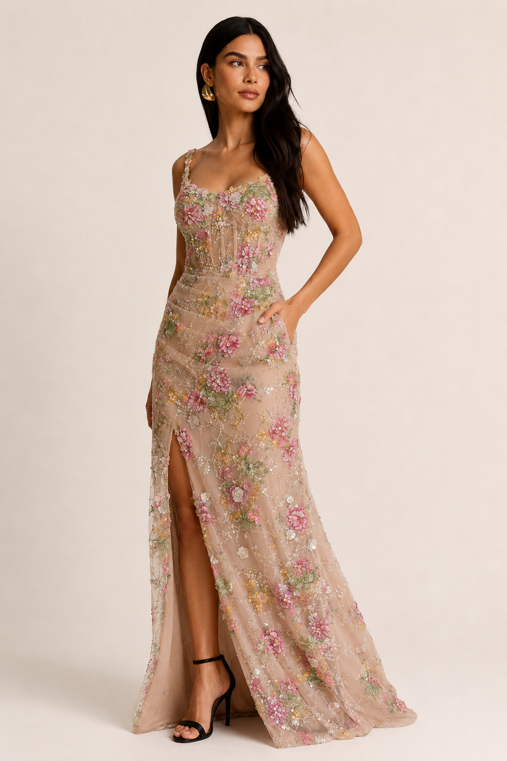 Vestido Longo de Festa Bordado com Flores 3D e Fenda - Verona