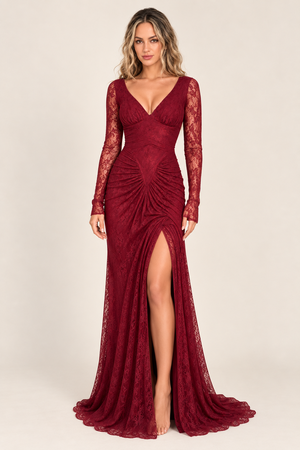 Vestido de Festa Longo Vinho de Renda Manga Longa com Fenda - Sevilha