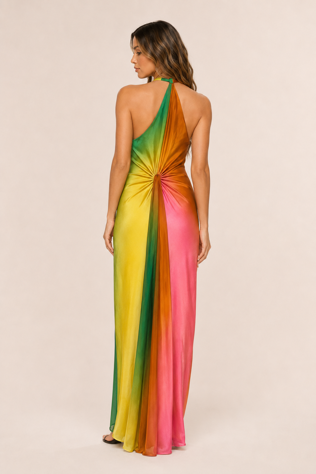 Vestido Feminino Longo Frente Única Tie Dye em Cetim com Nó – Copacabana