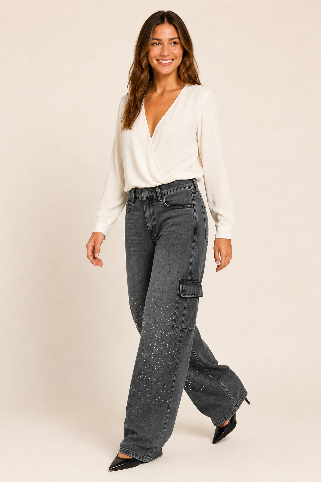 Calça Jeans Wide Leg Carpenter com Brilho - Bruges