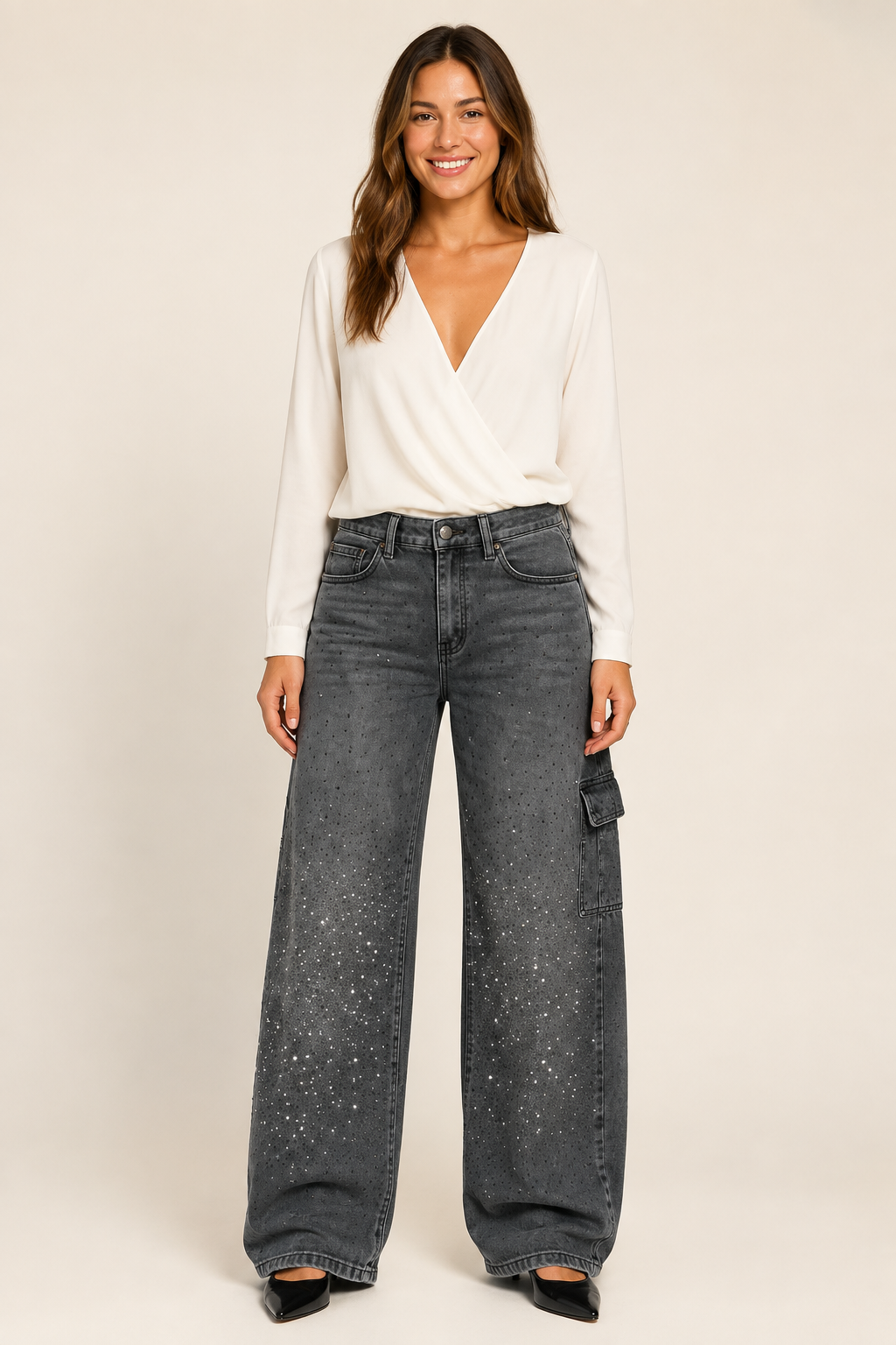 Calça Jeans Wide Leg Carpenter com Brilho - Bruges