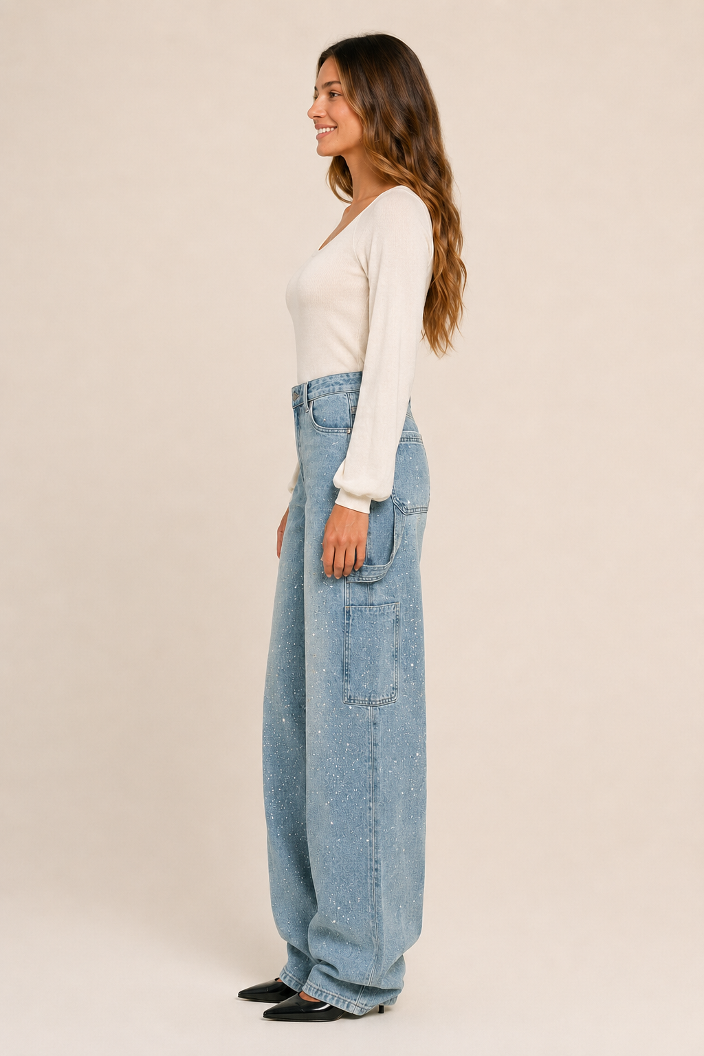 Calça Jeans Wide Leg Carpenter com Brilho - Bruges