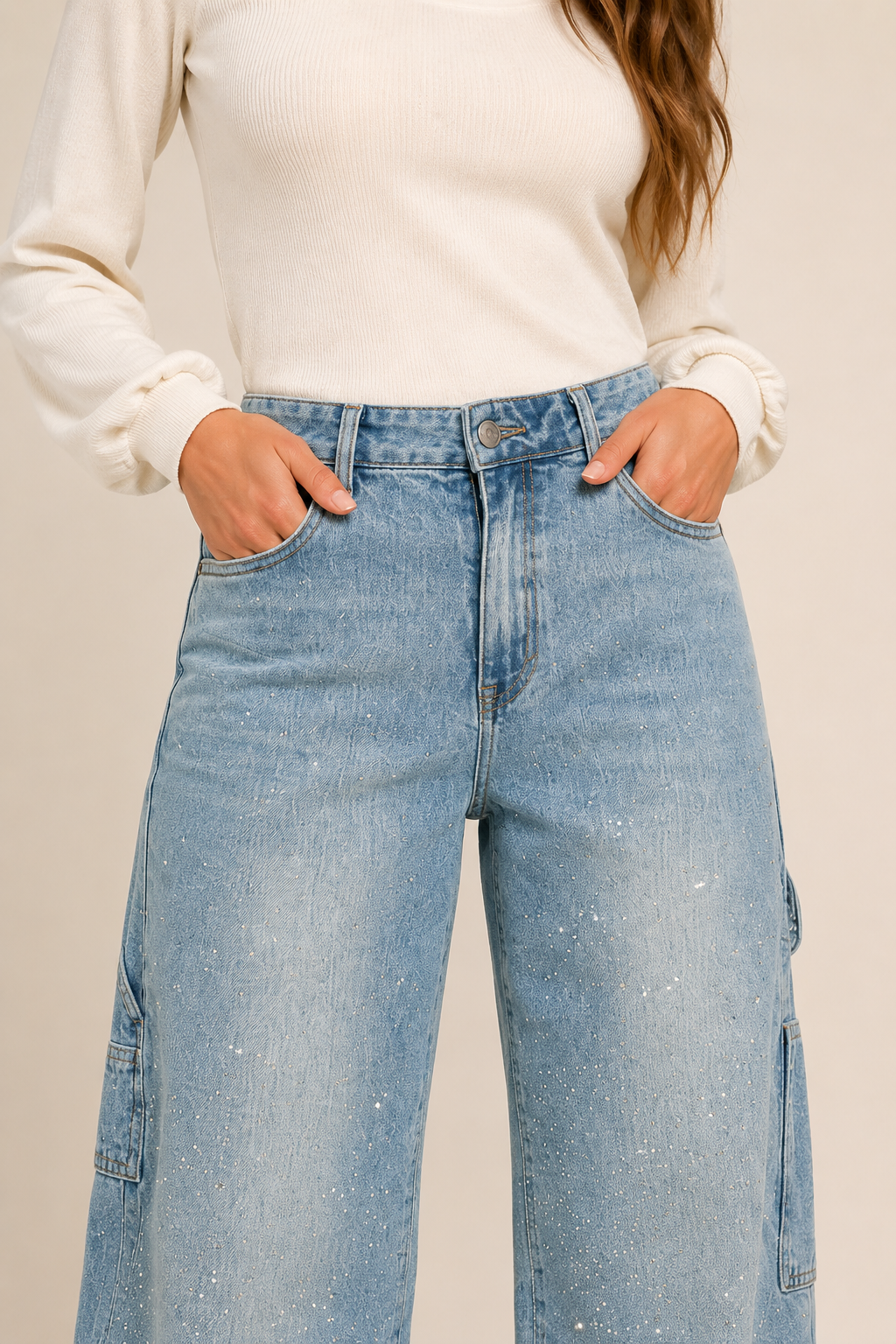 Calça Jeans Wide Leg Carpenter com Brilho - Bruges