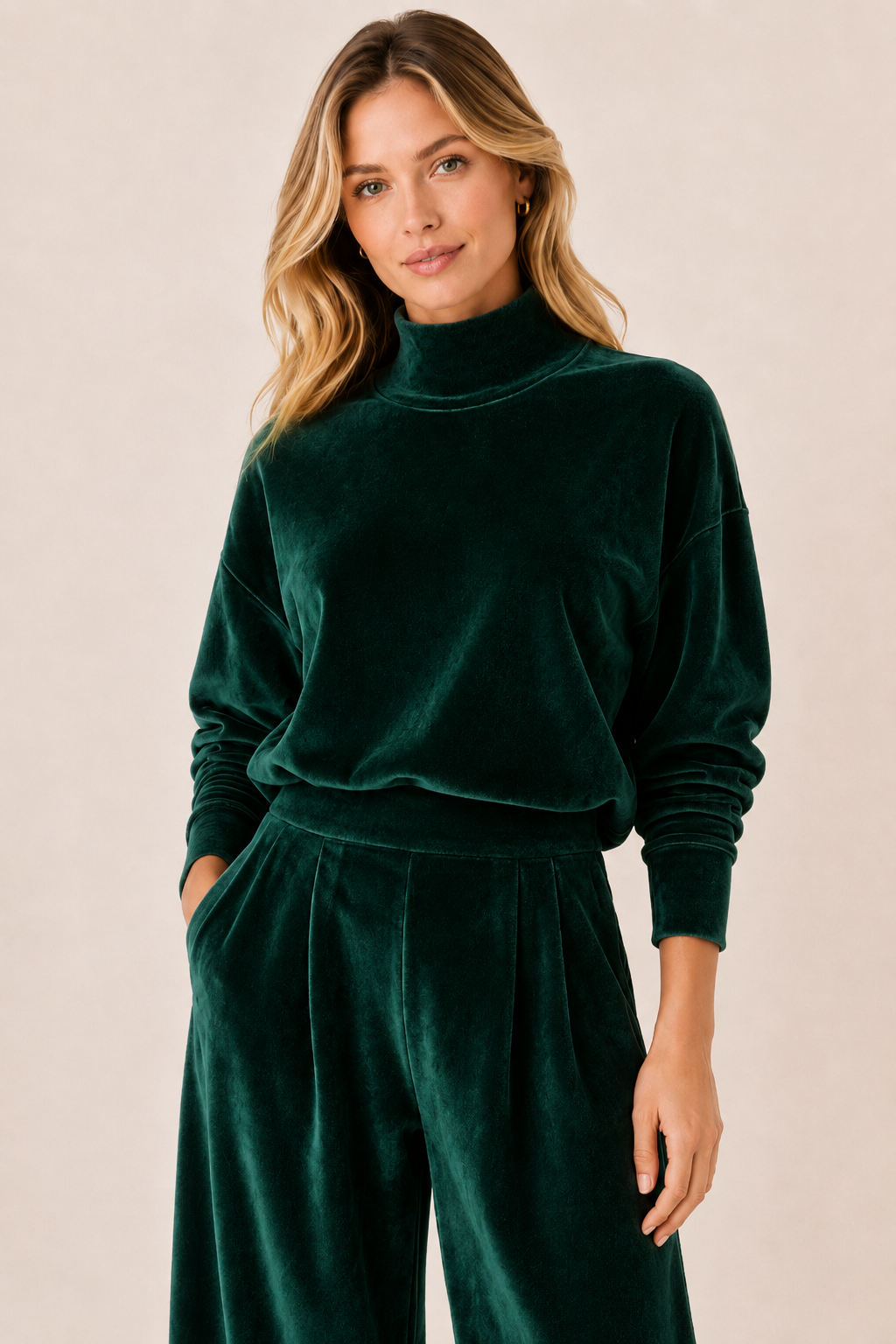 Conjunto Feminino de Veludo Gola Alta com Calça Pantalona – Lucca