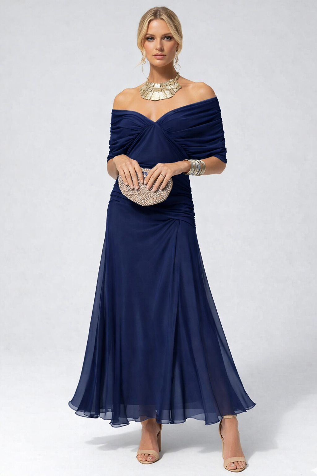 Vestido Feminino Longo Ombro a Ombro Estampado com Franzido – Positano