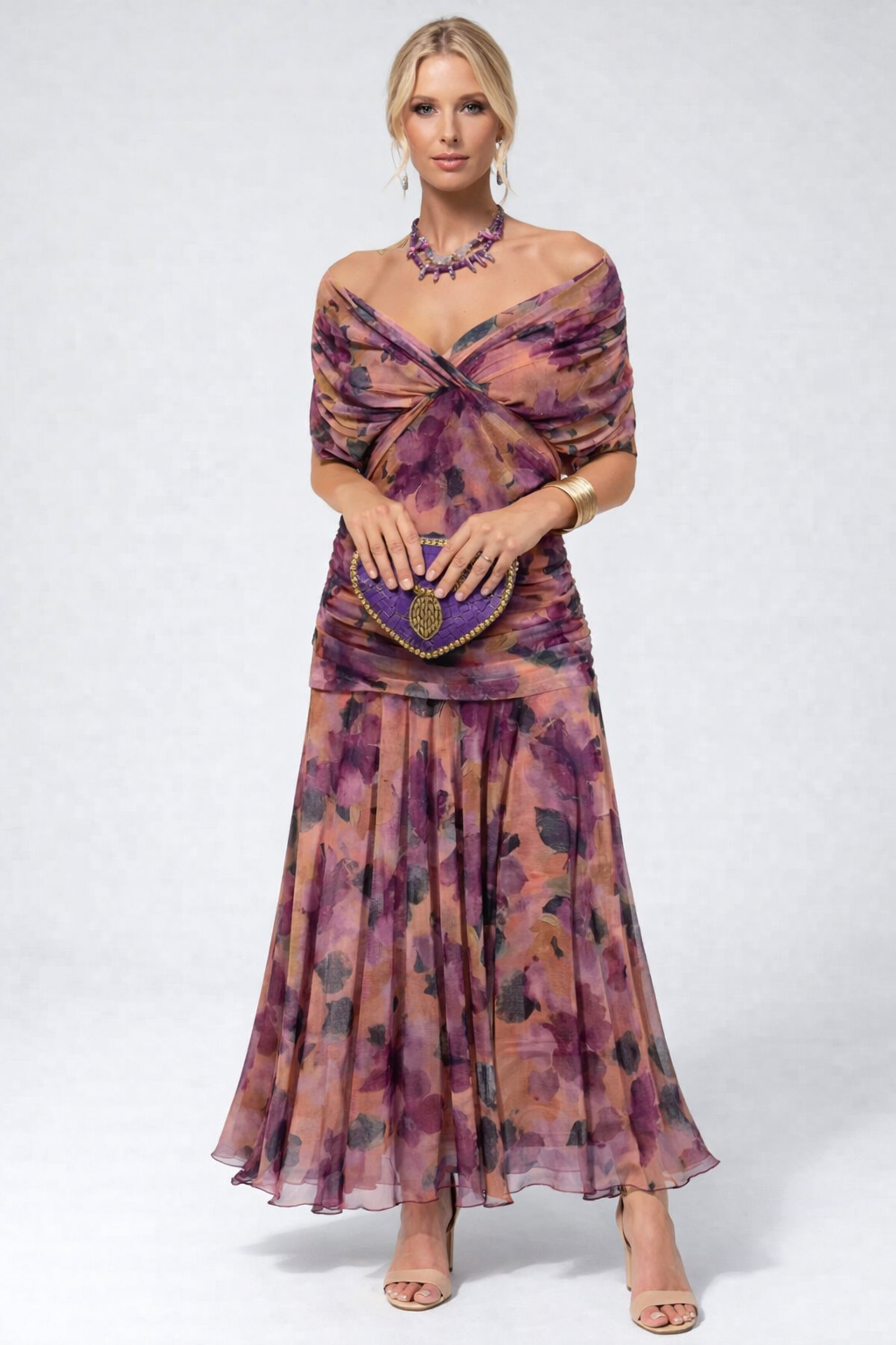 Vestido Feminino Longo Ombro a Ombro Estampado com Franzido – Positano