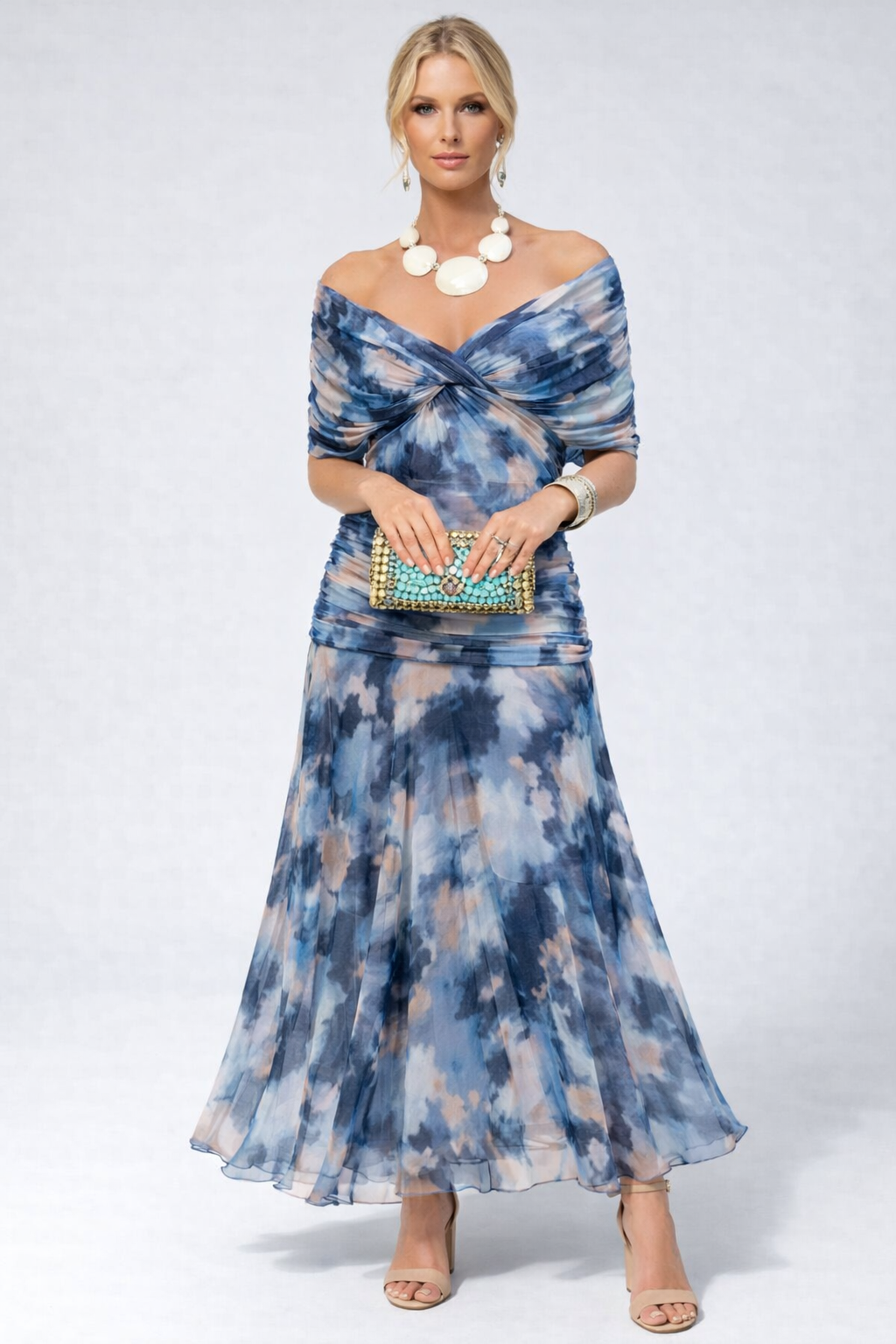 Vestido Feminino Longo Ombro a Ombro Estampado com Franzido – Positano
