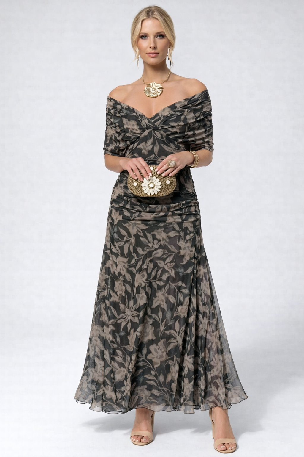 Vestido Feminino Longo Ombro a Ombro Estampado com Franzido – Positano