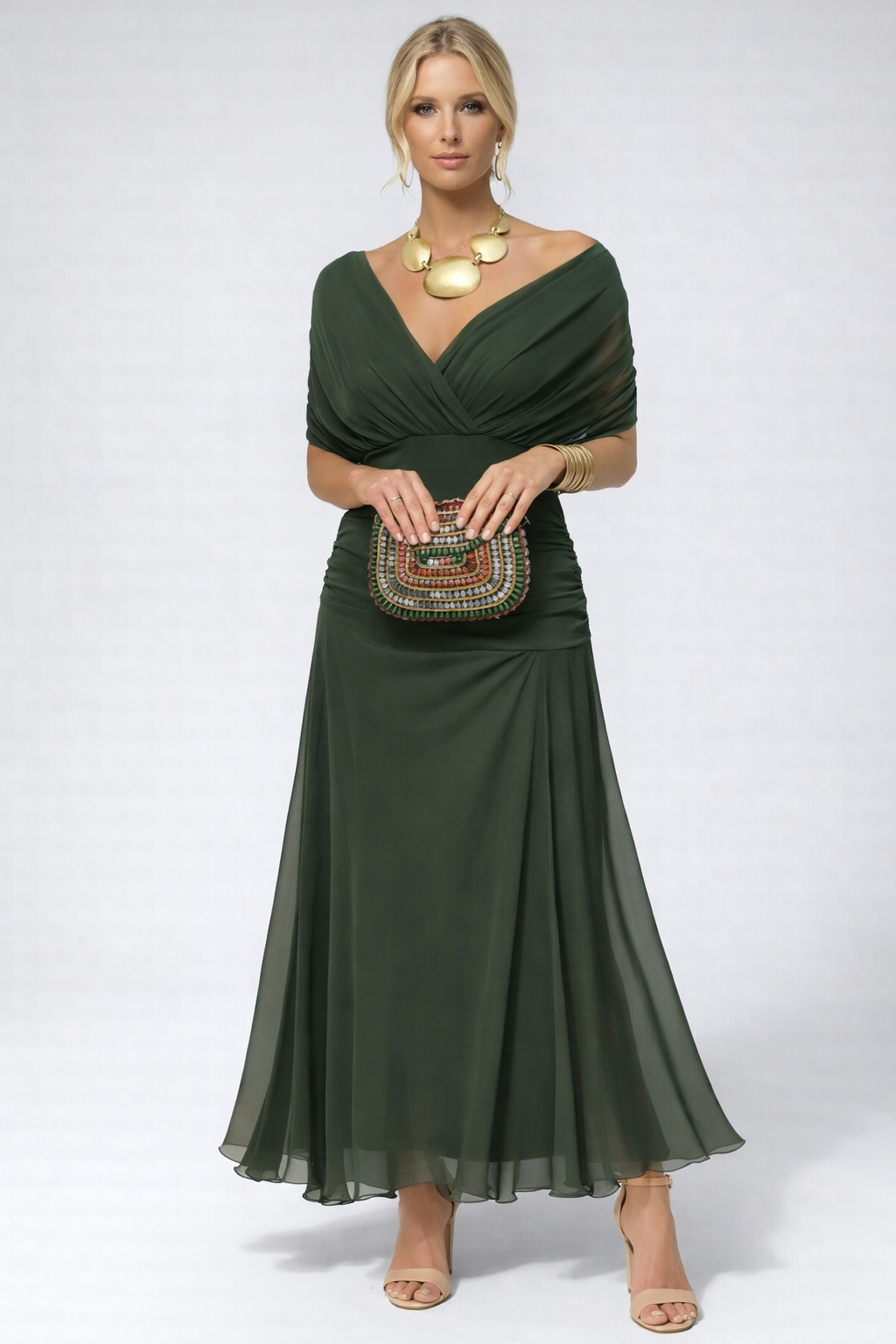 Vestido Feminino Longo Ombro a Ombro Estampado com Franzido – Positano