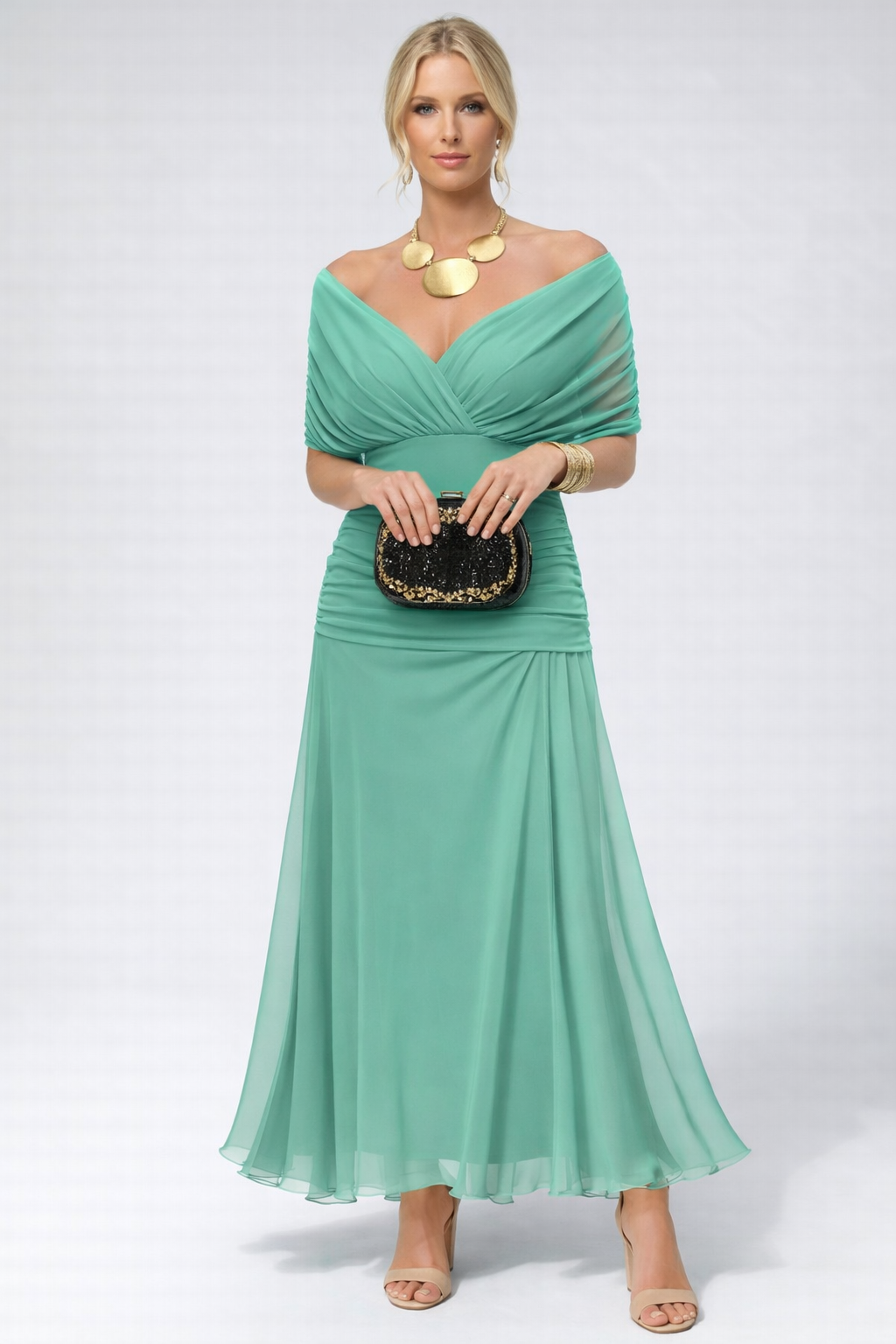 Vestido Feminino Longo Ombro a Ombro Estampado com Franzido – Positano