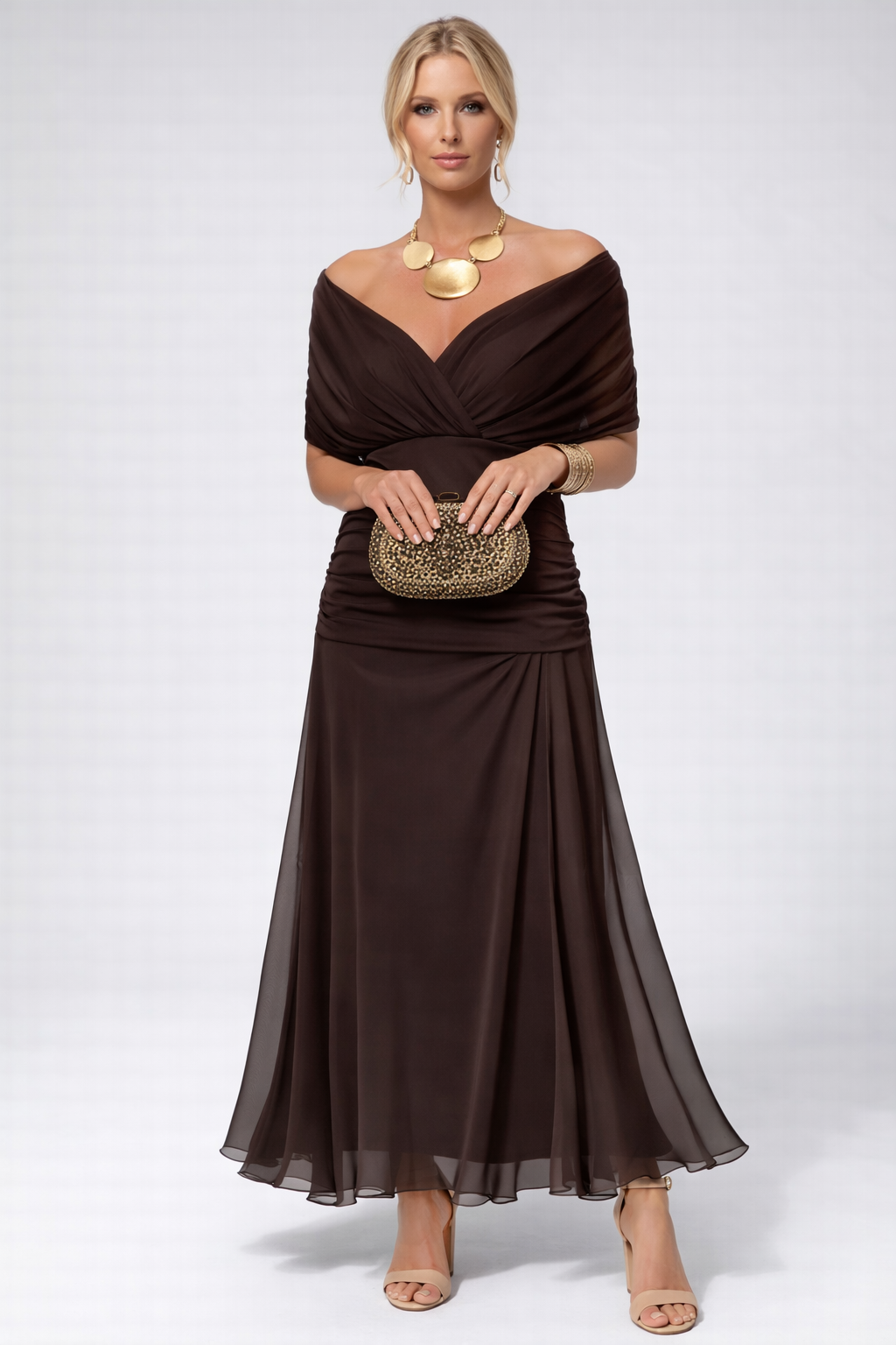 Vestido Feminino Longo Ombro a Ombro Estampado com Franzido – Positano