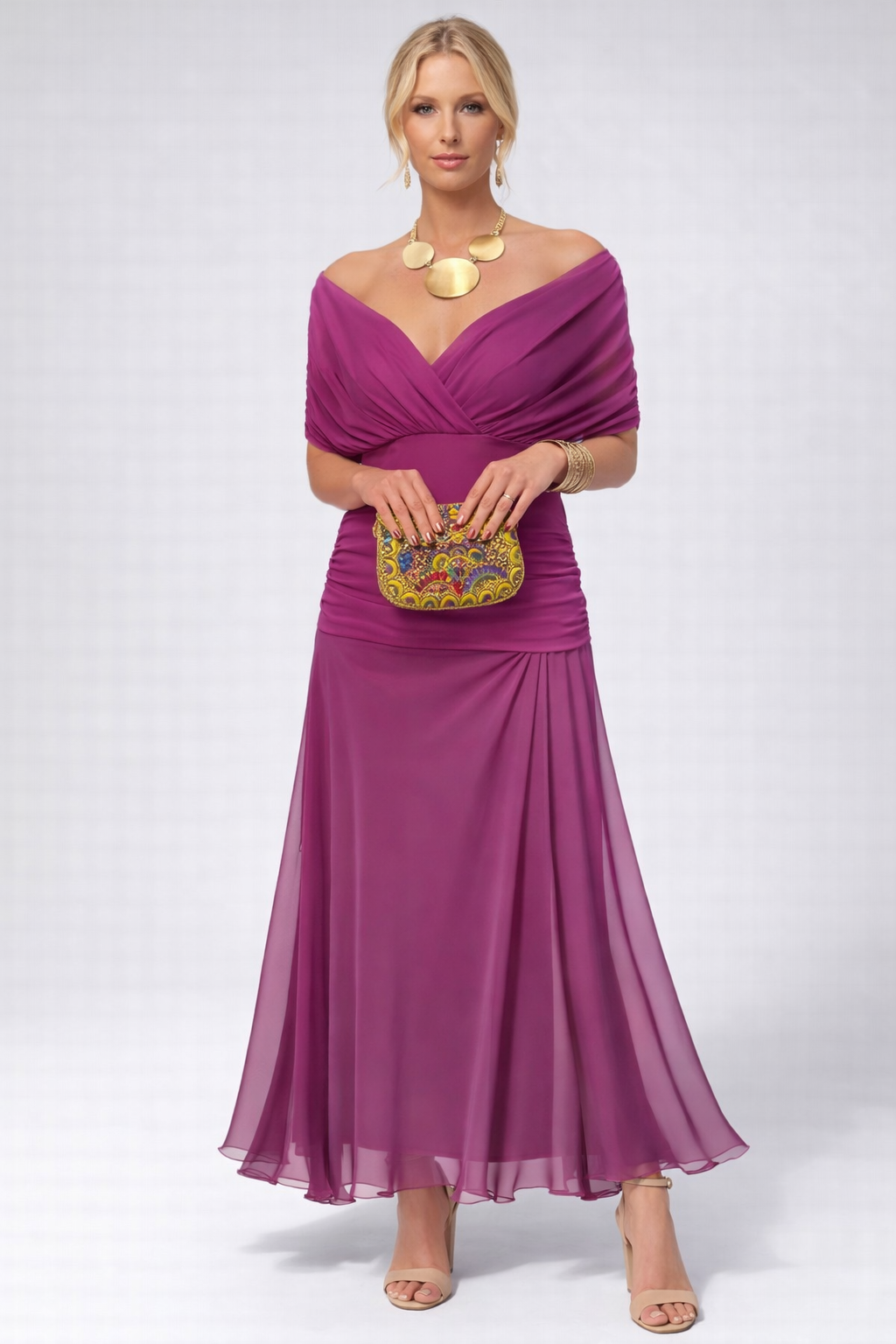 Vestido Feminino Longo Ombro a Ombro Estampado com Franzido – Positano