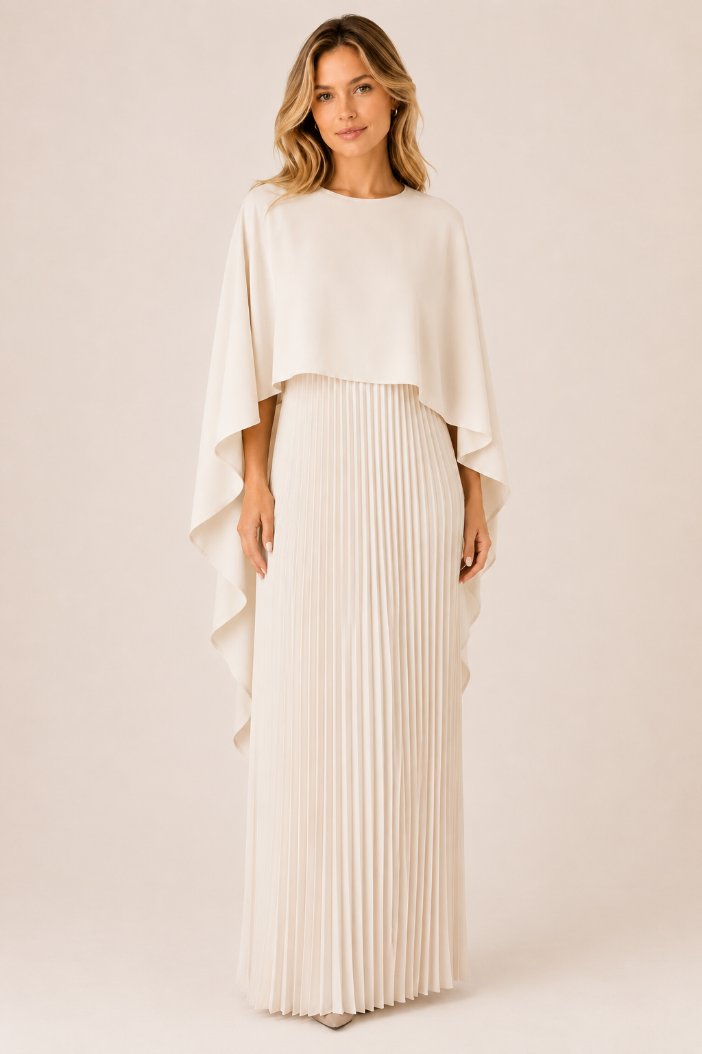Vestido Feminino Longo de Festa Plissado com Capa – Ravenna