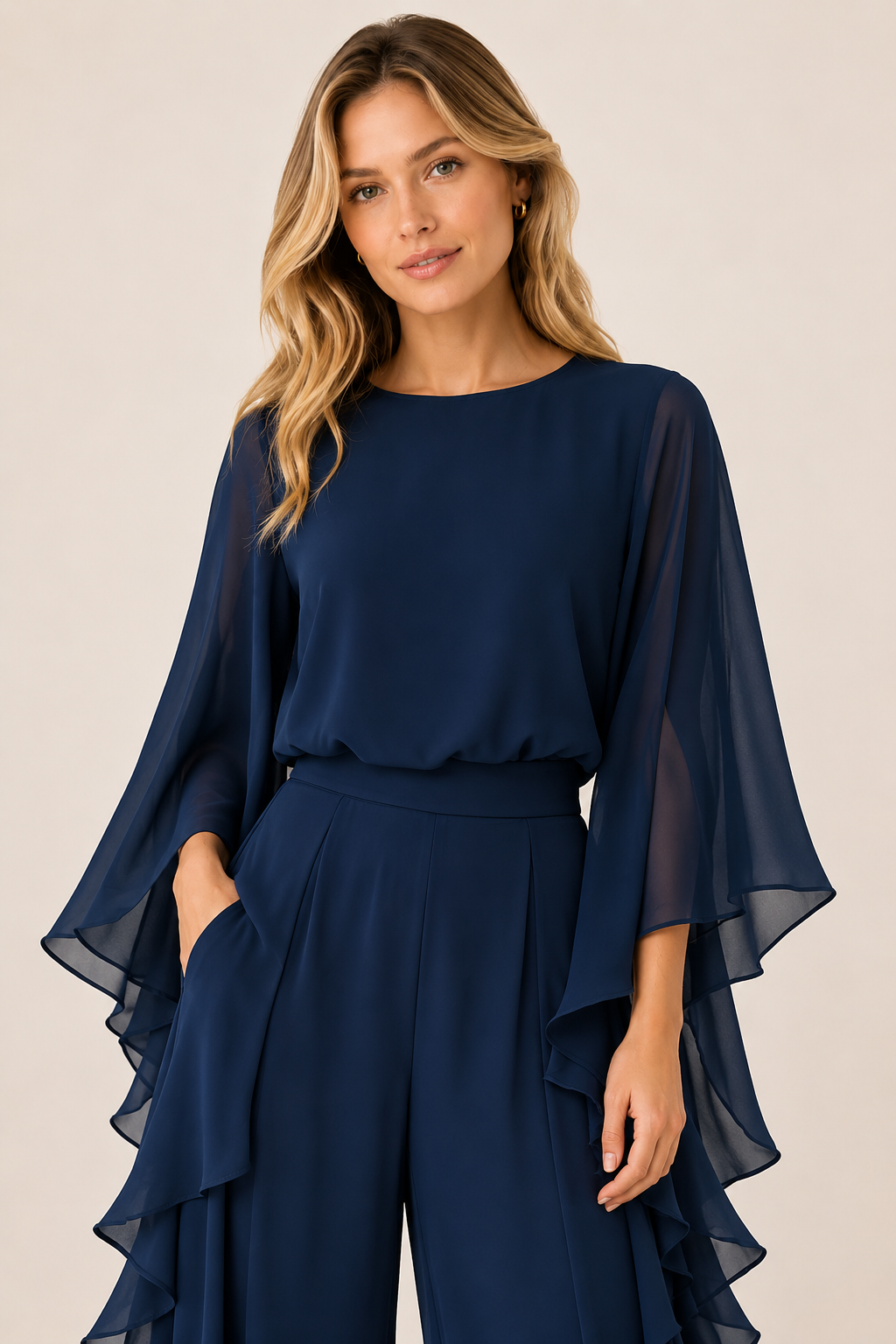Conjunto Feminino de Festa com Calça e Blusa Manga Flare em Chiffon – Santorini