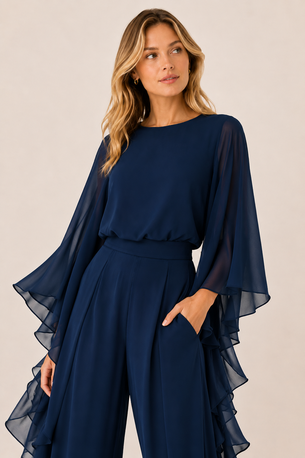 Conjunto Feminino de Festa com Calça e Blusa Manga Flare em Chiffon – Santorini