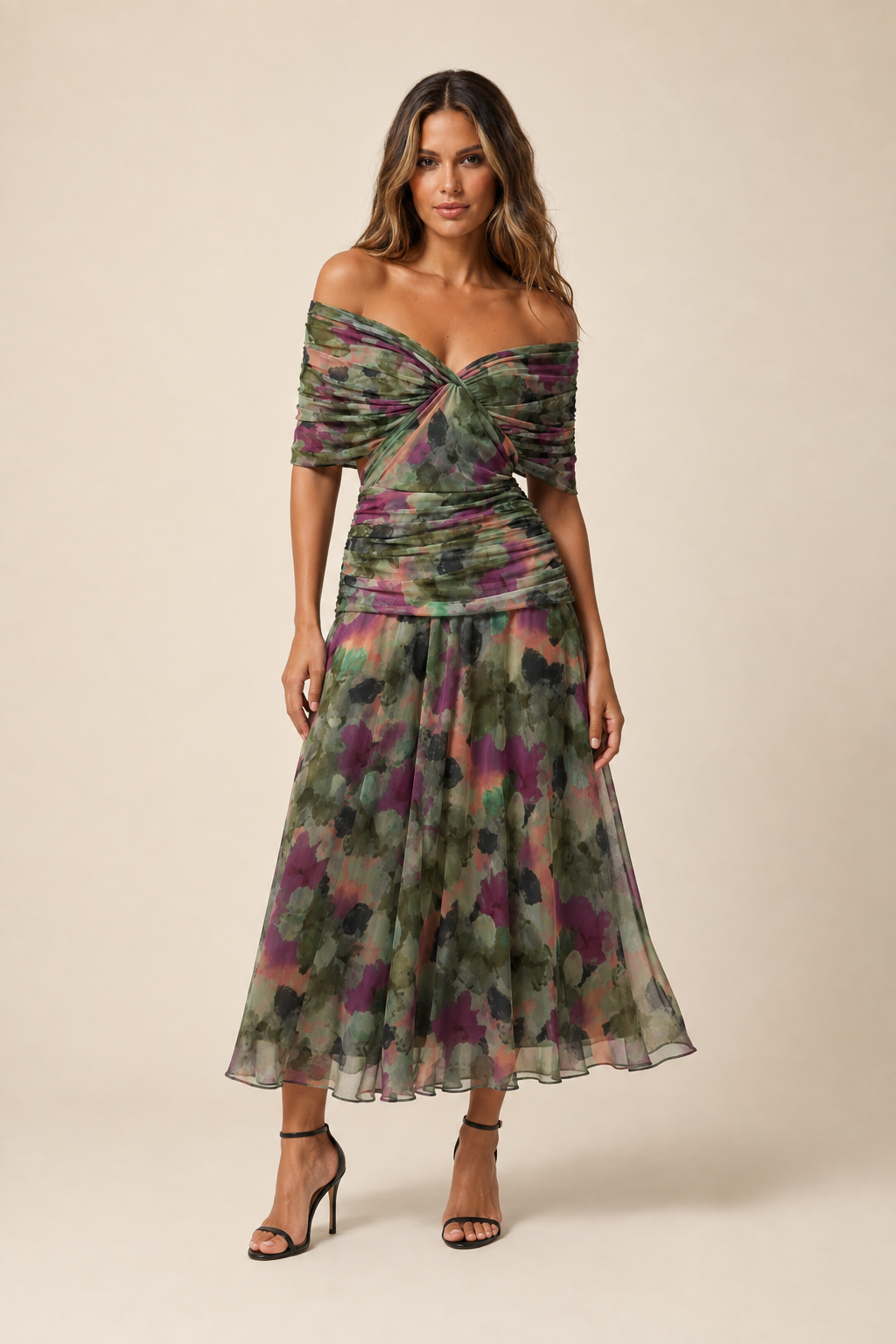 Vestido Feminino Longo Ombro a Ombro Estampado com Franzido – Positano