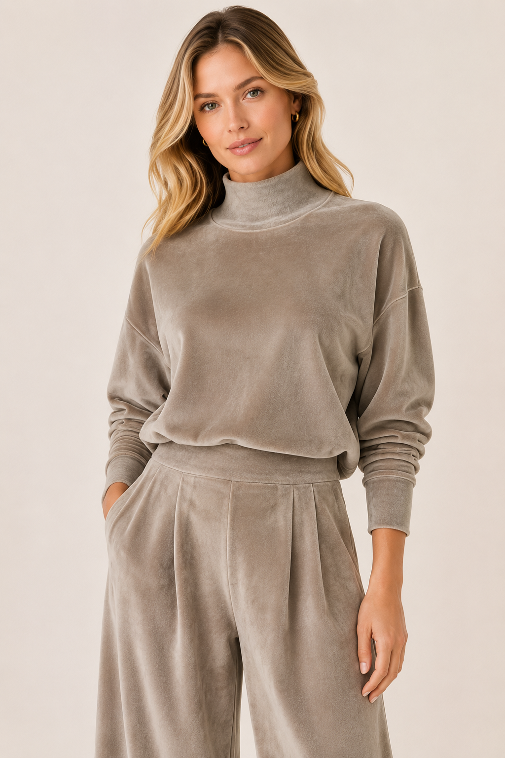 Conjunto Feminino de Veludo Gola Alta com Calça Pantalona – Lucca