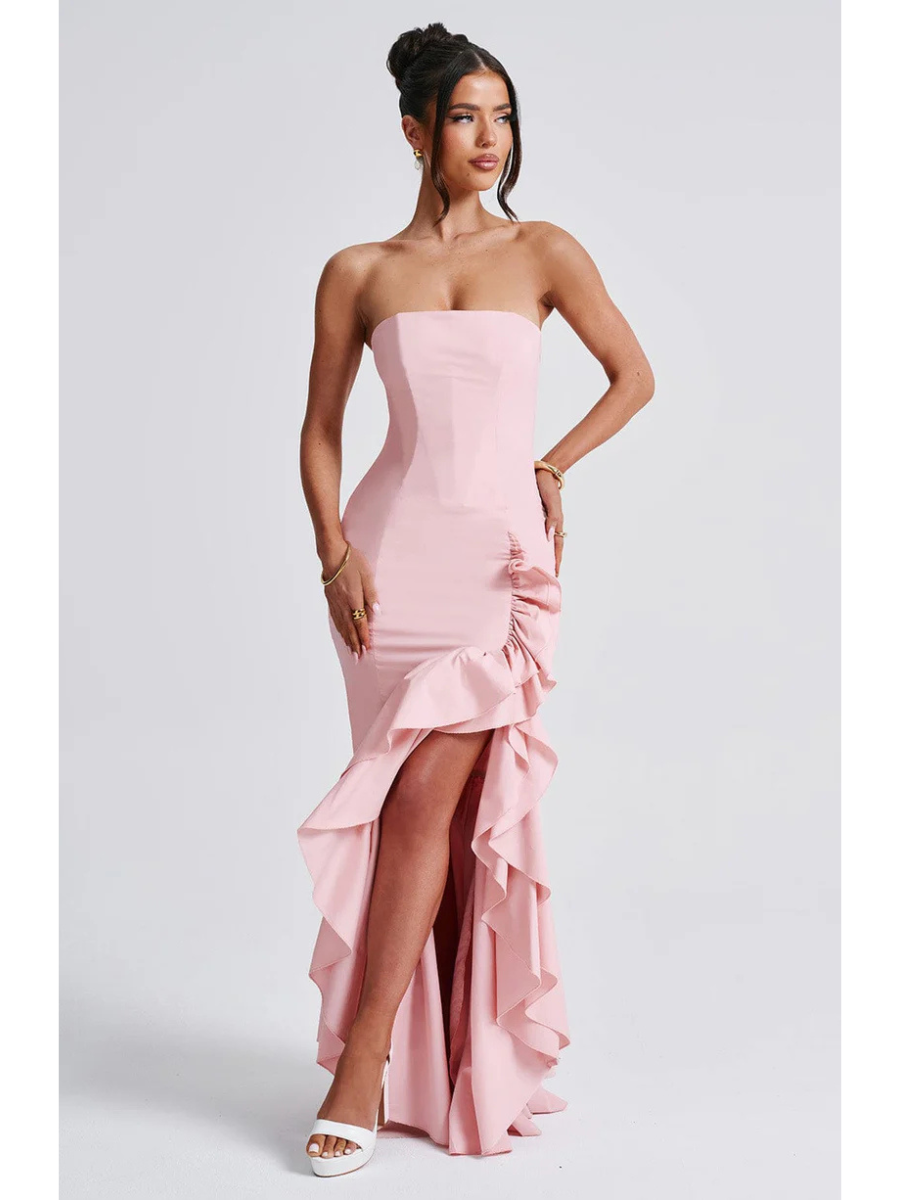 Vestido Feminino Longo com Fenda e Babados Tomara que Caia – Riviera