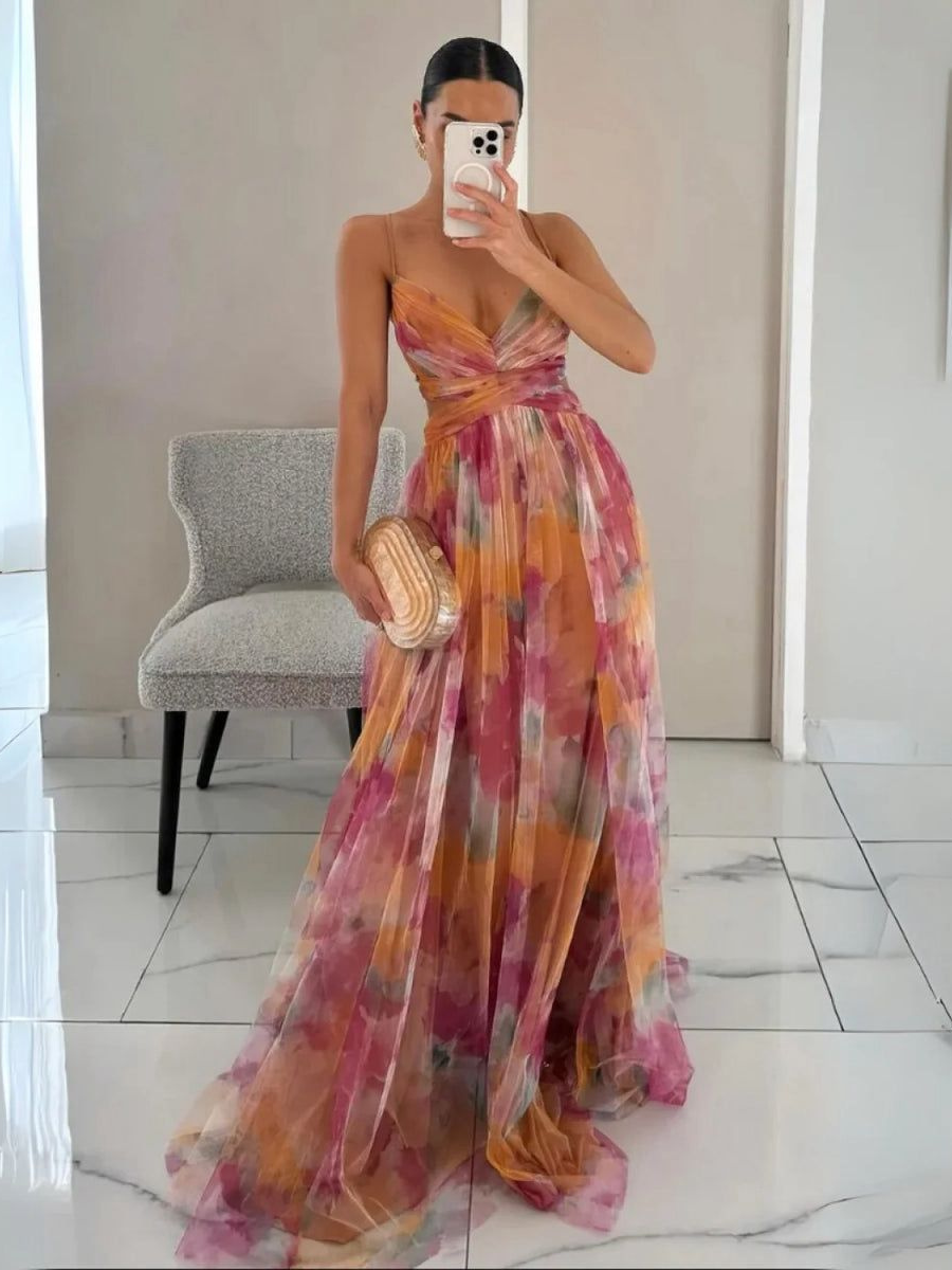 Vestido Feminino Longo Floral de Alcinhas com Decote V – Toscana