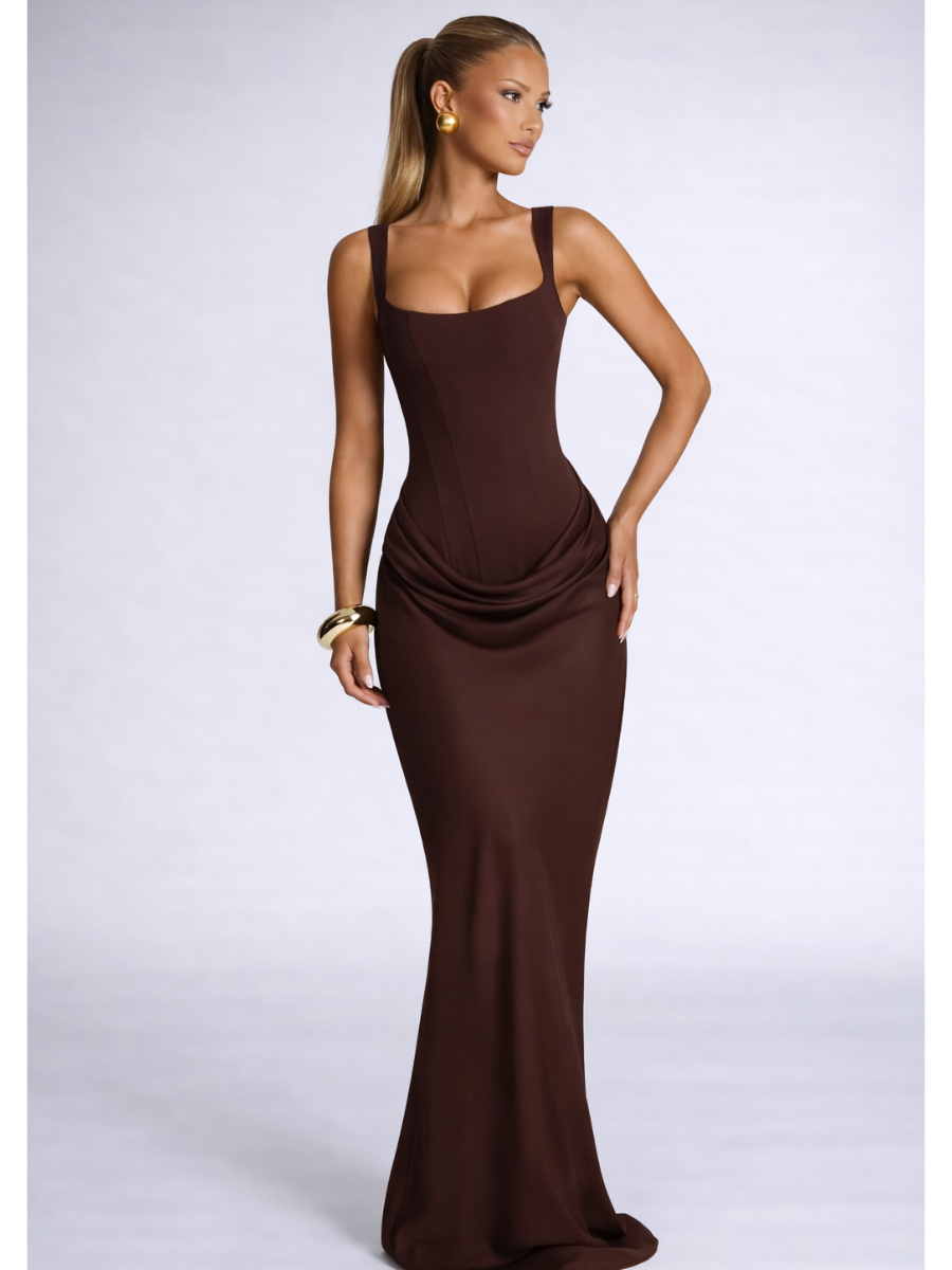 Vestido Feminino Longo com Corselet Estruturado e Decote Quadrado – Mia