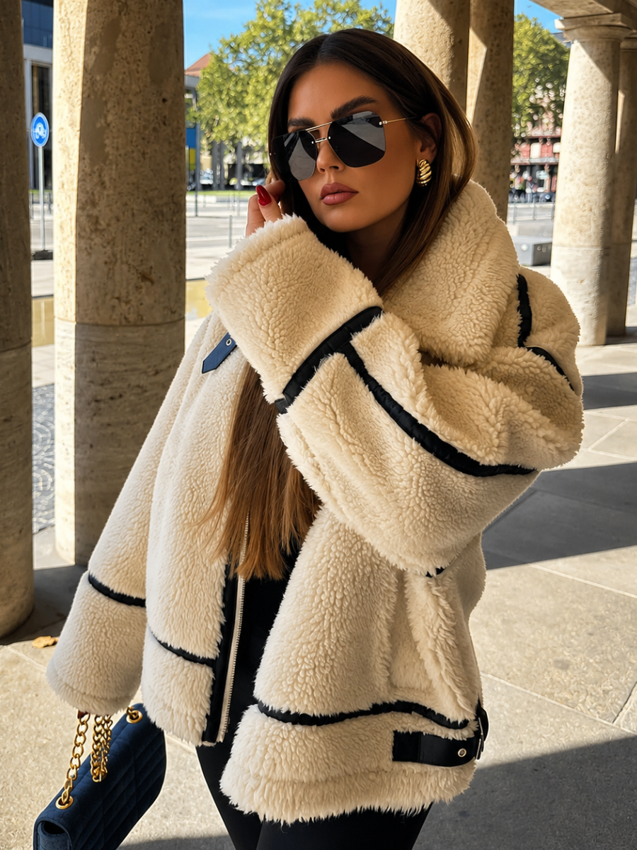 Jaqueta Feminina Peluciada Teddy com Detalhes em Couro – Oslo