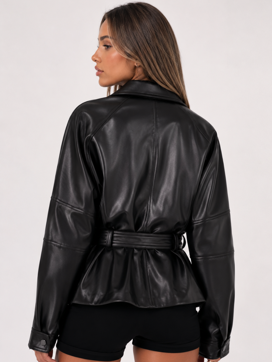 Jaqueta Feminina de Couro Legítimo Oversized com Cinto – Capri