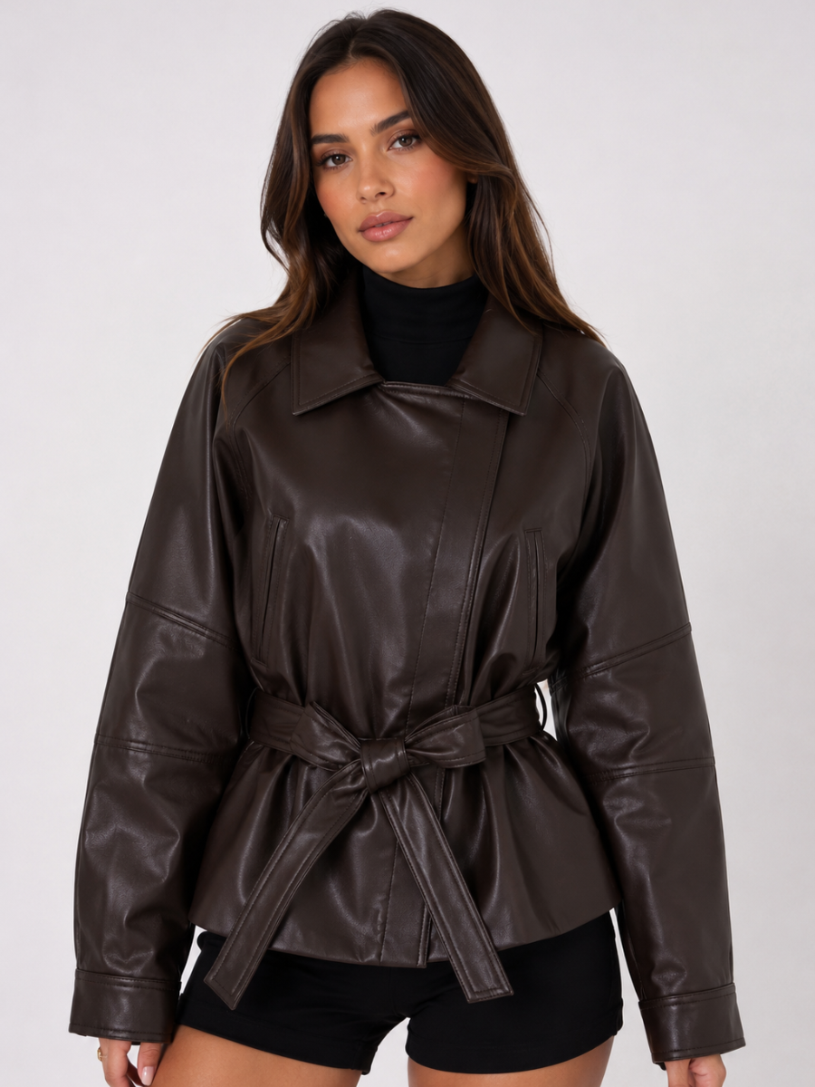 Jaqueta Feminina de Couro Legítimo Oversized com Cinto – Capri
