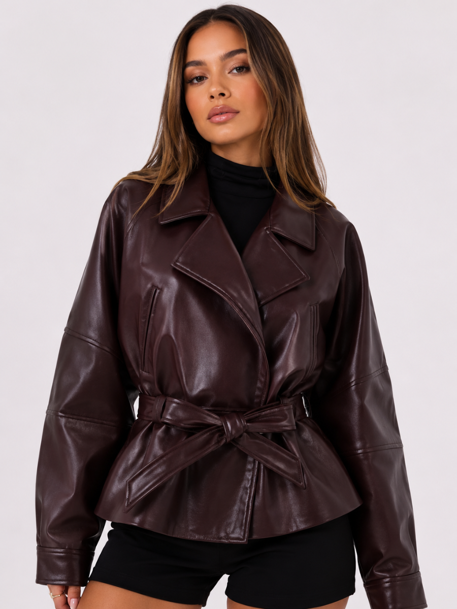 Jaqueta Feminina de Couro Legítimo Oversized com Cinto – Capri