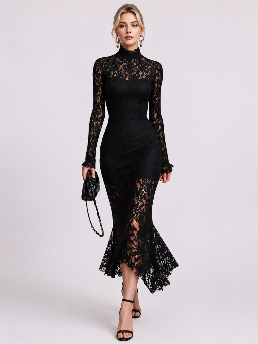Vestido Feminino Midi de Renda Manga Longa Gola Alta – Vienna