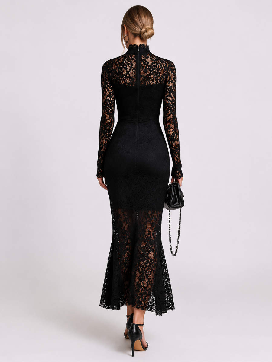 Vestido Feminino Midi de Renda Manga Longa Gola Alta – Vienna