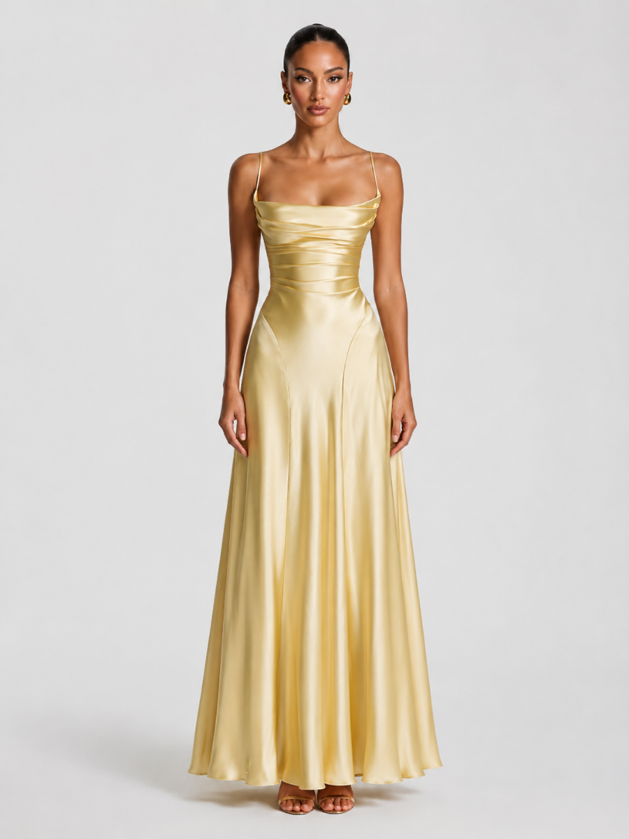 Vestido Feminino Longo de Cetim com Decote Drapeado – Siena