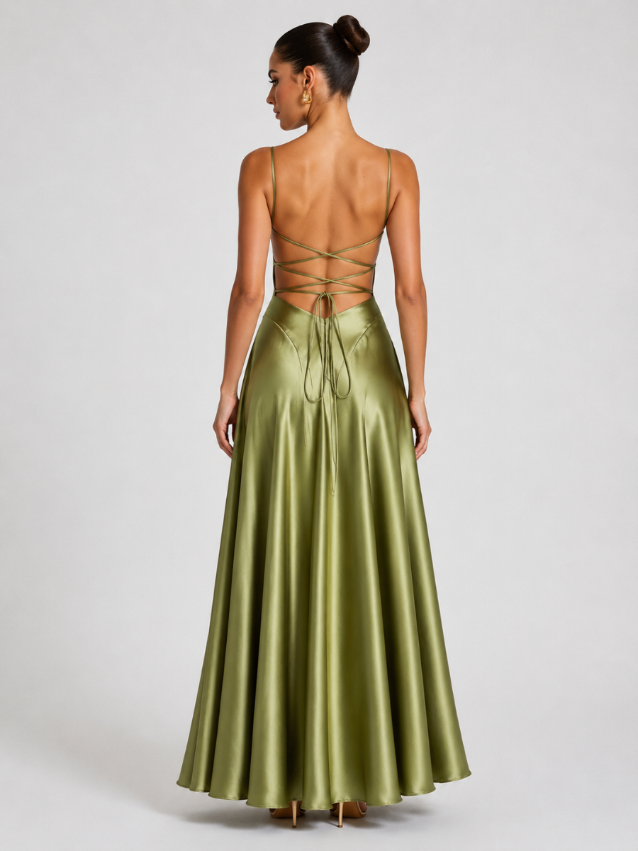Vestido Feminino Longo de Cetim com Decote Drapeado – Siena