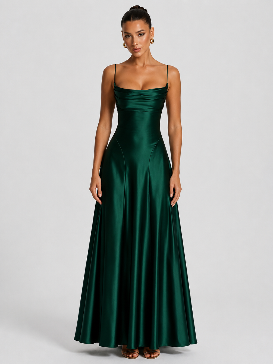 Vestido Feminino Longo de Cetim com Decote Drapeado – Siena