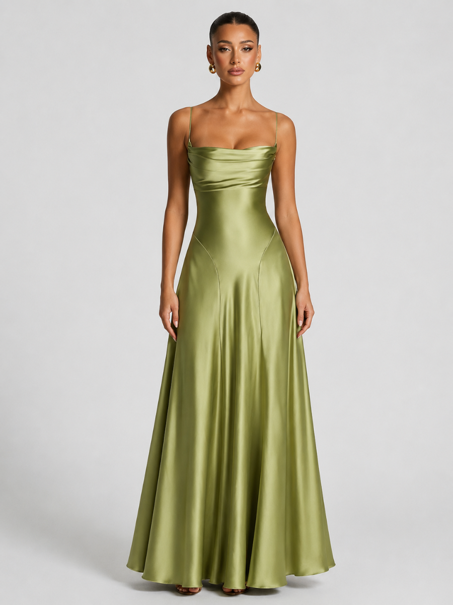 Vestido Feminino Longo de Cetim com Decote Drapeado – Siena