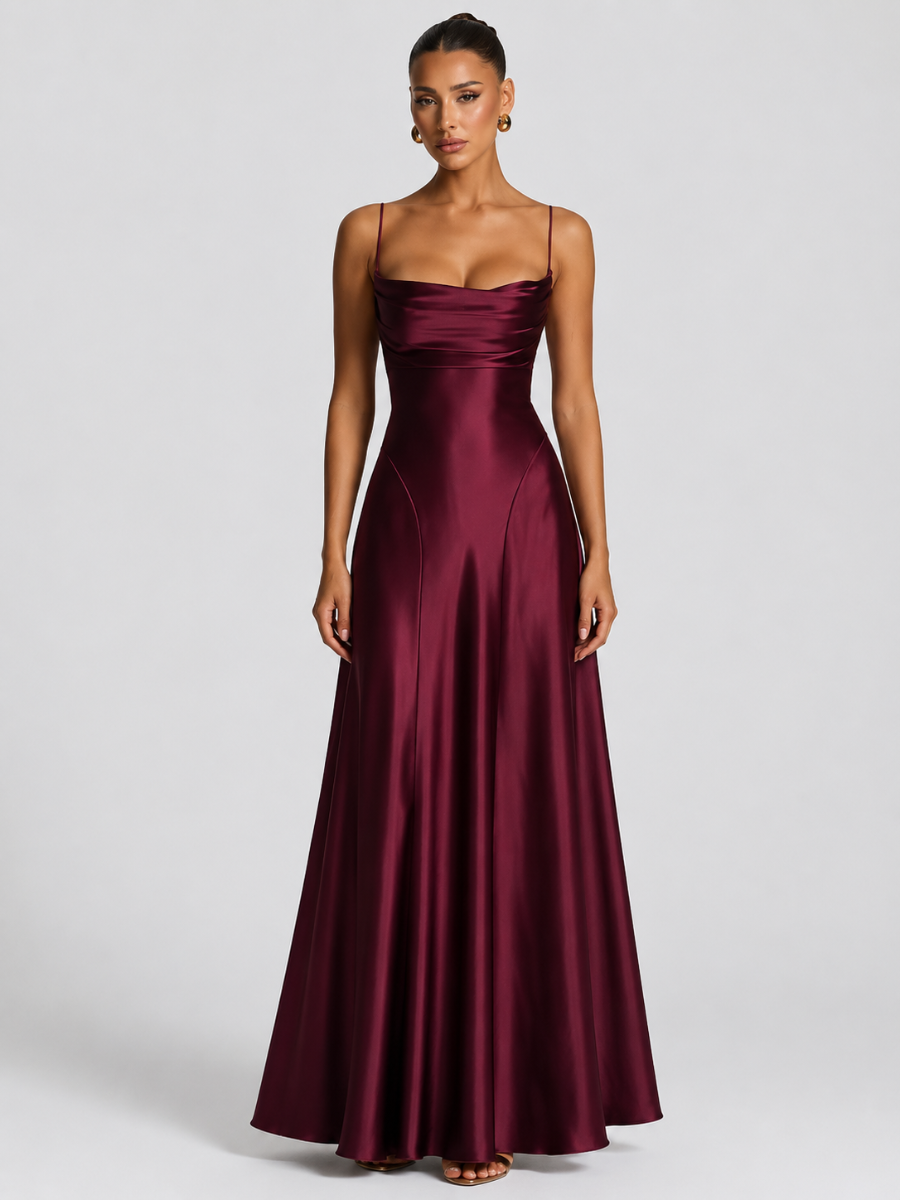 Vestido Feminino Longo de Cetim com Decote Drapeado – Siena