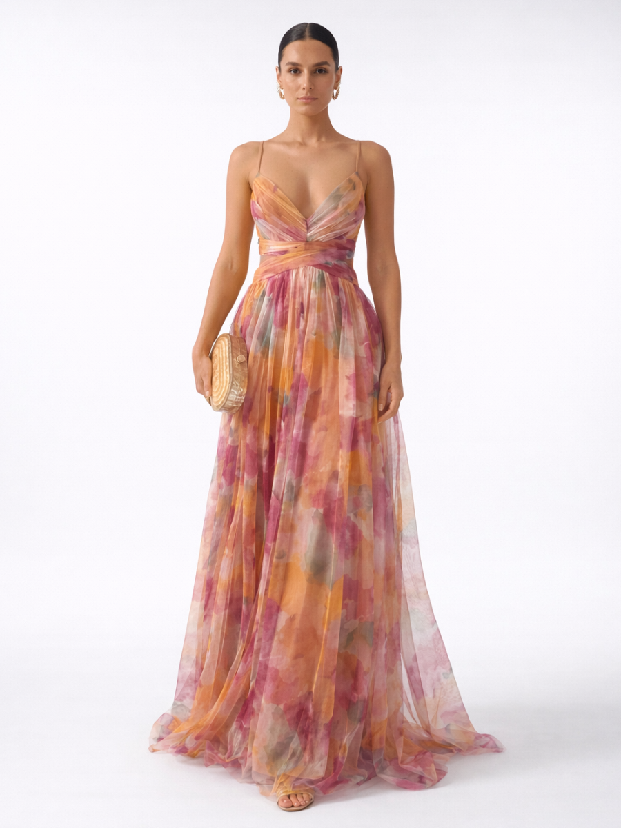 Vestido Feminino Longo Floral de Alcinhas com Decote V – Toscana