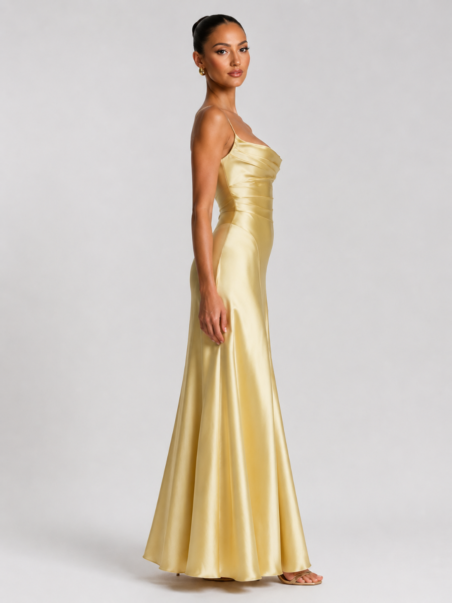 Vestido Feminino Longo de Cetim com Decote Drapeado – Siena