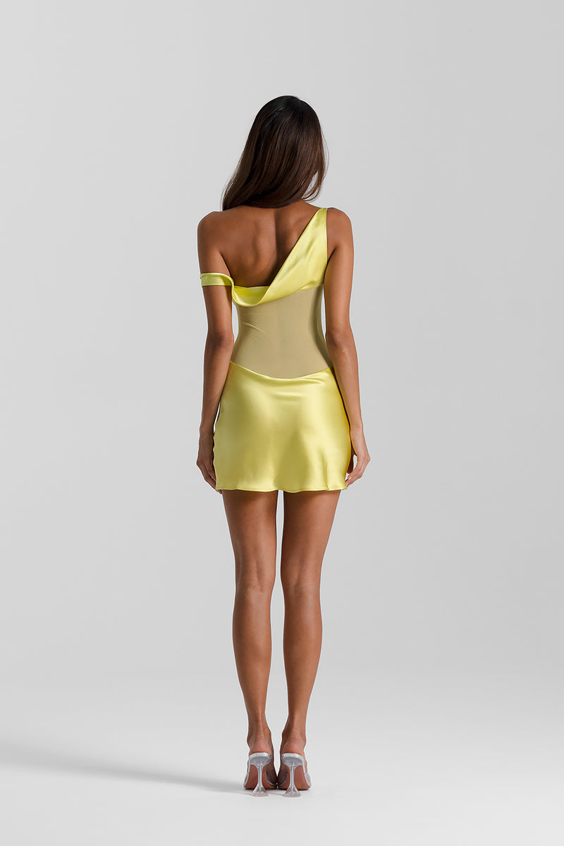Vestido Feminino Curto de Cetim Ombro Só com Recorte Vazado – Lumière