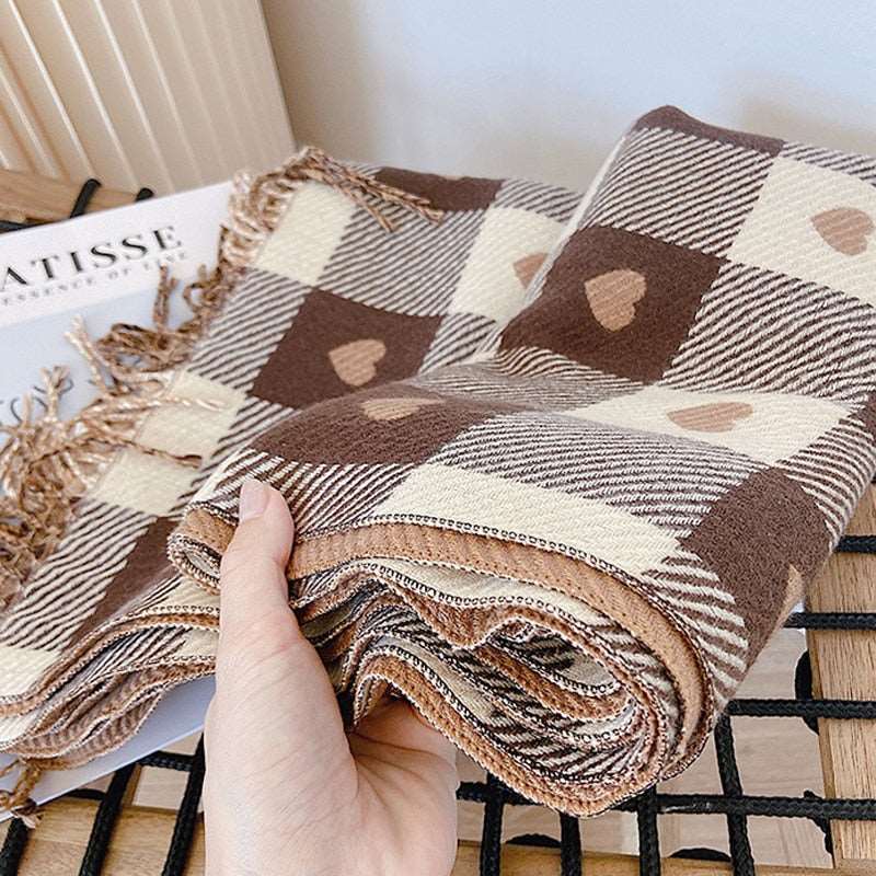 Cachecol Cashmere Xadrez com Coração de Malha Premium