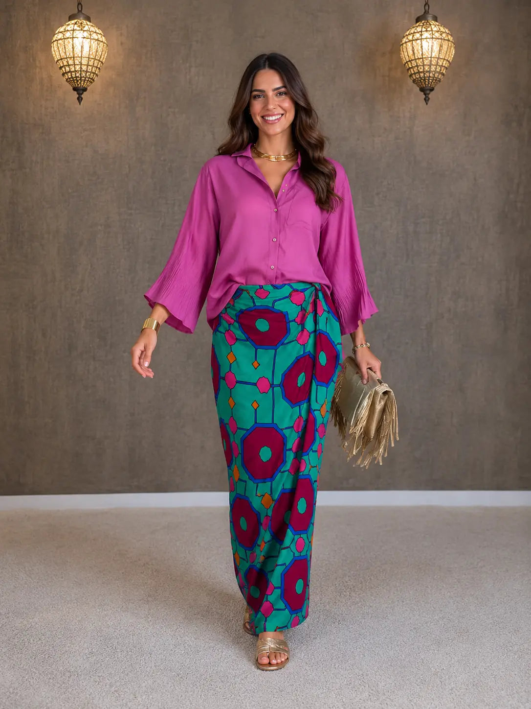 Conjunto Feminino Rosa com Estampa de Tigre Camisa e Saia Longa — Jaipur