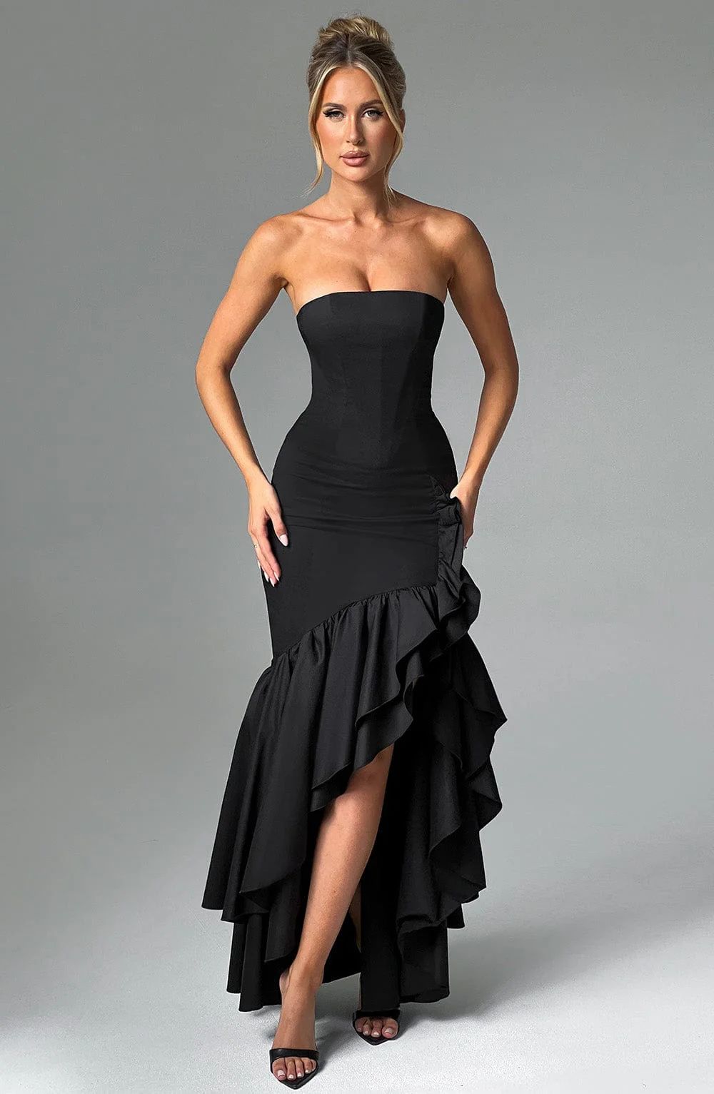 Vestido Feminino Longo com Fenda e Babados Tomara que Caia – Riviera