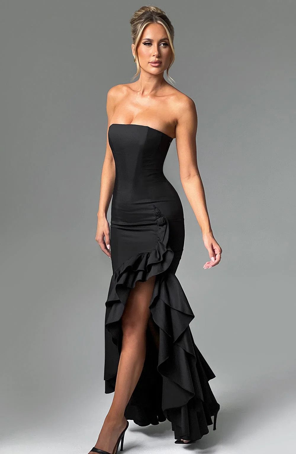 Vestido Feminino Longo com Fenda e Babados Tomara que Caia – Riviera